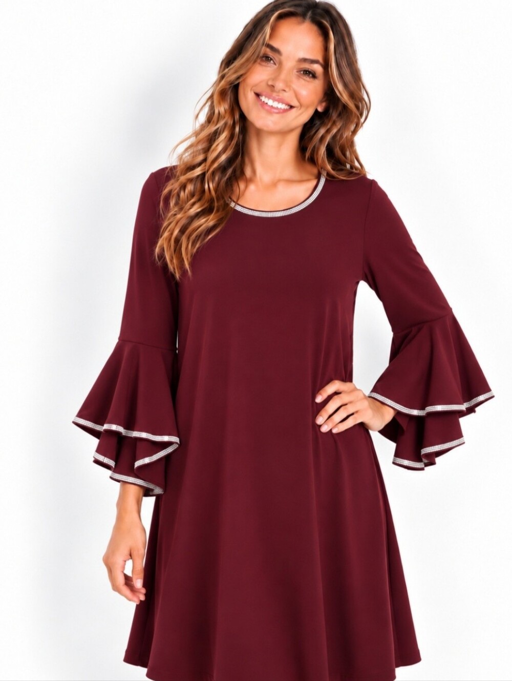 MSK Burgundy Bell-Sleeve A-Line Dress